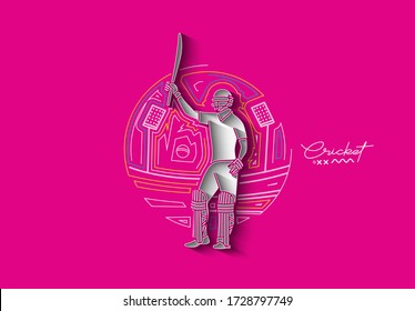 Concept of Batsman playing cricket raises his bat after scoring a full century - championship, Line art design Vector illustration.