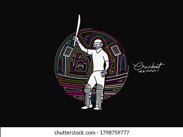 Concept of Batsman playing cricket raises his bat after scoring a full century - championship, Line art design Vector illustration.
