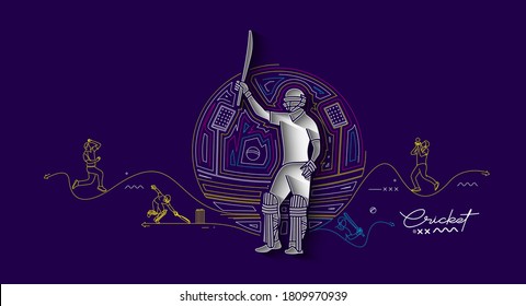 Concept of Batsman playing cricket raises his bat after scoring a full century - championship, Line art design Vector illustration.