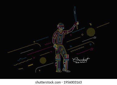 Concept of Batsman playing cricket raises his bat after scoring a full century - championship, Line art design Vector illustration.