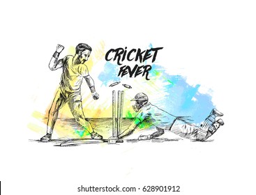 Concept of Batsman playing in Cricket stadium cricket championship, Hand Drawn Sketch Vector illustration.