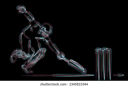 Concept of Batsman run out - cricket championship, 3d Color line art ( RGB ) vector illustration.