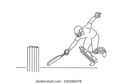 Concept of Batsman run out - cricket championship, Color line art vector illustration.