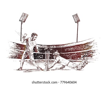 Concept of Batsman run out - cricket championship in the stadium, Hand Drawn Sketch Vector illustration.