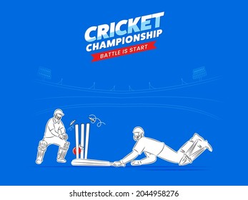 Concept Of Batsman Run Out With Wicket Keeper On Blue Stadium Background For Cricket Championship Battle Is Start.