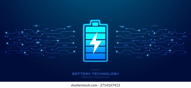Concept of battery technology. Battery icon on futuristic circuit background. Future EV energy storage and future EV energy storage. Vector illustration.