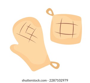 Concept BBQ kitchen gloves oven mitten. The illustration is a vector cartoon concept of a flat, featuring a BBQ grill and gloves or oven mittens. Vector illustration.