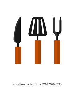 Concepto de espátula de horquilla de cuchillo de barbacoa. Este es un concepto de ilustración para un diseño web plano con una escena BBQ tipo caricatura. Ilustración vectorial.
