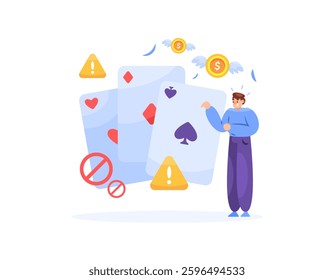 concept be careful with online gambling. order to stop gambling. prohibition, warning and notice. risk and danger. illustration of a man with a card gambling prohibition sign. flat style design