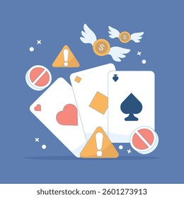 concept be careful with online gambling. order to stop gambling. warning and notification prohibition. risk and danger. gambling prohibition card. flat style design illustration.