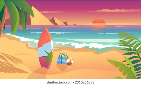 Concept Beach. A flat, cartoon-style design of a beach background, complete with palm trees, a sandy shore, and a clear blue sea. Vector illustration.