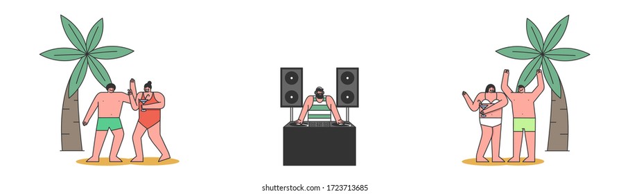 Concept Of Beach Party With Cool DJ Playing Dance Music. People In Swimwear Listening To The Music, Drink Cocktails And Have A Good Time. Cartoon Linear Outline Flat Style Vector Illustrations Set