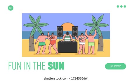 Concept Of Beach Party With Cool DJ Playing Dance Music. Website Landing Page. People Men And Women In Swimwear Dancing On The Beach. Web Page Cartoon Linear Outline Flat Style. Vector Illustration