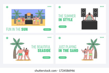 Concept Of Beach Party With Cool DJ Playing Dance Music. Website Landing Page. People In Swimwear Listening To Music, Drink Cocktails. Web Page Cartoon Linear Outline Flat Vector Illustrations Set