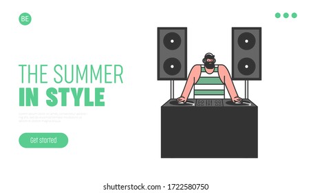 Concept Of Beach Party. Website Landing Page. Cool Famous DJ Plays Dance Music Outdoors. Professional DJ Booth With Big Powerful Speakers. Web Page Cartoon Linear Outline Flat Vector Illustration