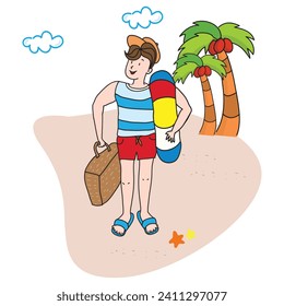concept of beach vacation, landing page template in cute cartoon illustration