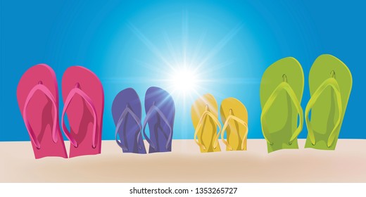 Concept of a beach vacation on a sunny day, with four pairs of flip flops, of different colors and sizes, planted in the sand.