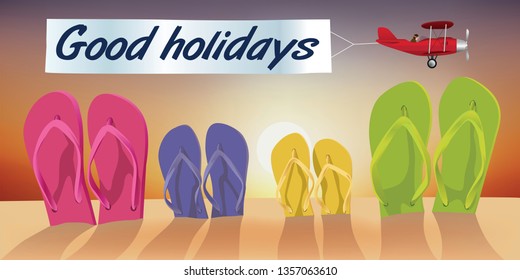 Concept of a beach vacation on a sunny day, with four pairs of flip-flops planted in the sand and a plane flying in the sky pulling a banner.