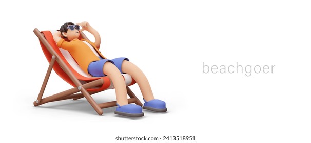 Concept of beachgoer. Man in sunglasses is lying in folding chair. Male character is comfortably sunbathing. Summer vacation outside. Cute 3D illustration