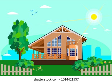 Concept beautiful country house with green nature . Concept suburban life. Flat style vector illustration.