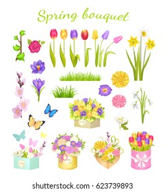 Concept of beautiful spring bouquet isolated on white. Vector illustration of purple primroses, flowering branch, colored tulips and roses, flying butterflies, daffodils and snowdrops, cardboard boxes