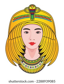 Concept of Beautiful woman in ancient Egypt with feather golden crown drawing in cartoon vector