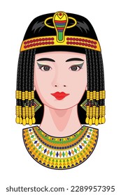 Concept of Beautiful woman princess or queen in ancient Egypt with snake golden crown drawing in cartoon vector