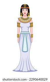 Concept of Beautiful young woman costume or dress in princess or queen in ancient Egypt with snake golden crown drawing in cartoon vector