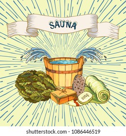 The concept of beauty and health, sauna services. Individual bath accessories, items for face and body care, rejuvenation. Culture symbols of purity. Vector illustration in the style of sketching.