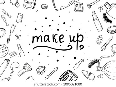Concept of beauty, make up. Hand drawn cosmetics, doodle style. Black and white monochrome. 