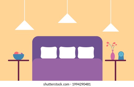 La decoración interior de las habitaciones es moderna, con un tamaño king size malo, dos mesas con flores y jarrón encima y lámparas. Ilustración vectorial de estilo plano aislada en fondo amarillo. 