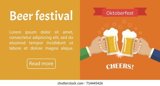 Concept of Beer Festival. Two man holds in his hands a mugs of beer. Oktoberfest banner. Vector image for web, poster, invitation to party - time to drink. Flat vector illustration.