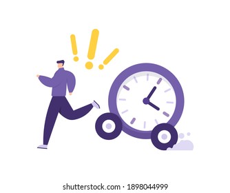the concept of being chased by time and deadlines, running out of time, time management. illustration of a man running after being chased by a clock or a car. question mark. flat style. vector design 
