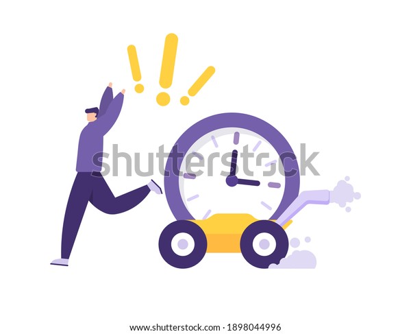 the concept of being chased by time and deadlines,\
running out of time, time management. illustration of a man running\
after being chased by a clock or a car. question mark. flat style.\
vector design 