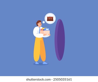 concept of being fired. quit or resign from work. illustration of a man sad because he has been fired from his job. carrying work equipment. flat style design. graphic elements