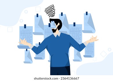 concept of being frustrated or overwhelmed due to multitasking, work burdened with too many tasks, too busy working, appointments or tired, frustrated businessman working with messy sticky notes.