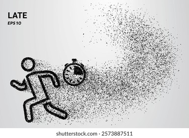 The concept of being late depicted with small circles and dots, with particles swirling around it. Vector illustration.