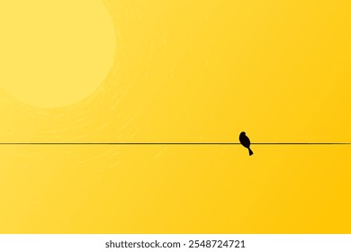 Konzept der Einsamkeit Einsamkeit, Stille und Frieden. Ein Vogel sitzt allein auf dem Draht gegen den Sonnenuntergang