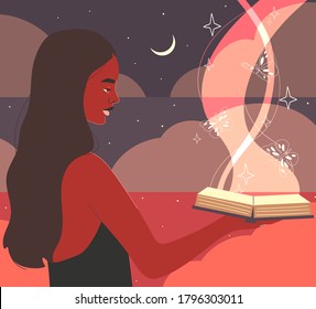 The concept of the beneficial effect of books. Charming African woman with an open glowing book in her hands. The book emits a magical light in the dark. Modern flat design vector illustration.