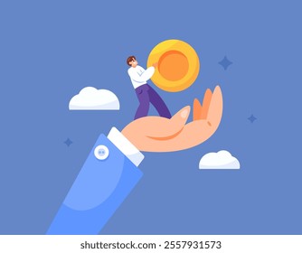 concept of benefits and bonuses for employees. boss cares. insurance money for worker protection and safety. illustration of a worker or employee getting money from the boss. flat style design