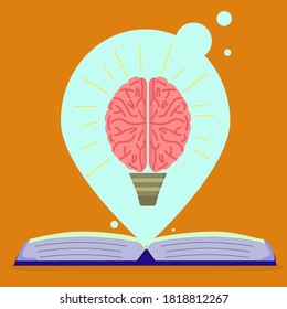 concept of the benefits of reading and learning, illustration of an open book and the brain in the form of a light bulb