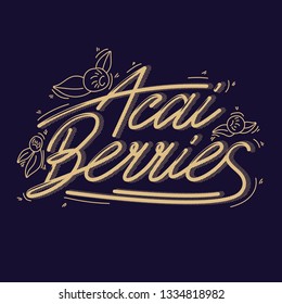 Concept berries acai vector line. hand drawing, funny doodles on a dark background with lettering.