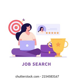 Concept of best employee, career success, work reward, search for job candidates. Woman writing best resume with cv portfolio. New team member in career start. Vector illustration in flat design