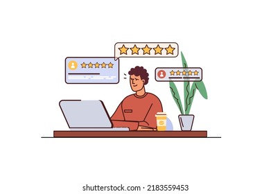Concept Best feedback with people scene in flat cartoon design. Man receives excellent reviews for his work from Internet users. Vector illustration.
