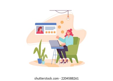 Concept Best feedback with people scene in the flat cartoon design. Woman receives excellent reviews for an article published on the Internet. Vector illustration.