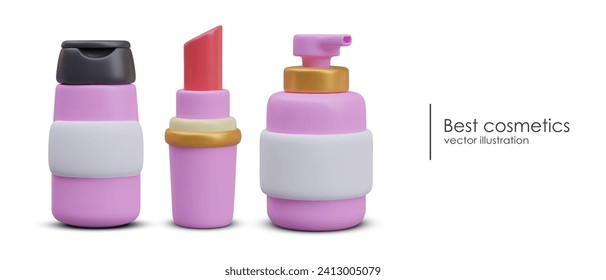 Concept of best female cosmetics. Pink realistic containers for personal care products. Bottle, pump, lipstick. Makeup products. Set of images for advertising