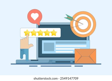 Concept of Best quality, Highest value, Online customer rating and reviews, Product and service rating, Hand click, top rating, reputation system program. Flat vector illustration on background.