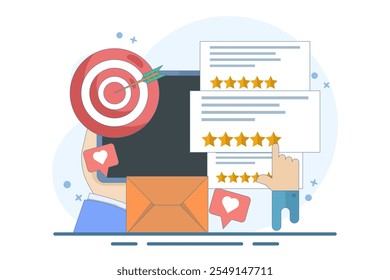 Concept of Best quality, Highest value, Online customer rating and reviews, Product and service rating, Hand click, top rating, reputation system program. Flat vector illustration on background.