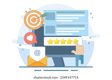 Concept of Best quality, Highest value, Online customer rating and reviews, Product and service rating, Hand click, top rating, reputation system program. Flat vector illustration on background.