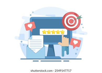 Concept of Best quality, Highest value, Online customer rating and reviews, Product and service rating, Hand click, top rating, reputation system program. Flat vector illustration on background.